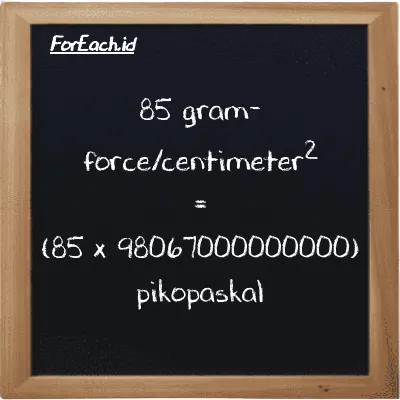 85 gram-force/centimeter<sup>2</sup> setara dengan 8335700000000000 pikopaskal (85 gf/cm<sup>2</sup> setara dengan 8335700000000000 pPa)